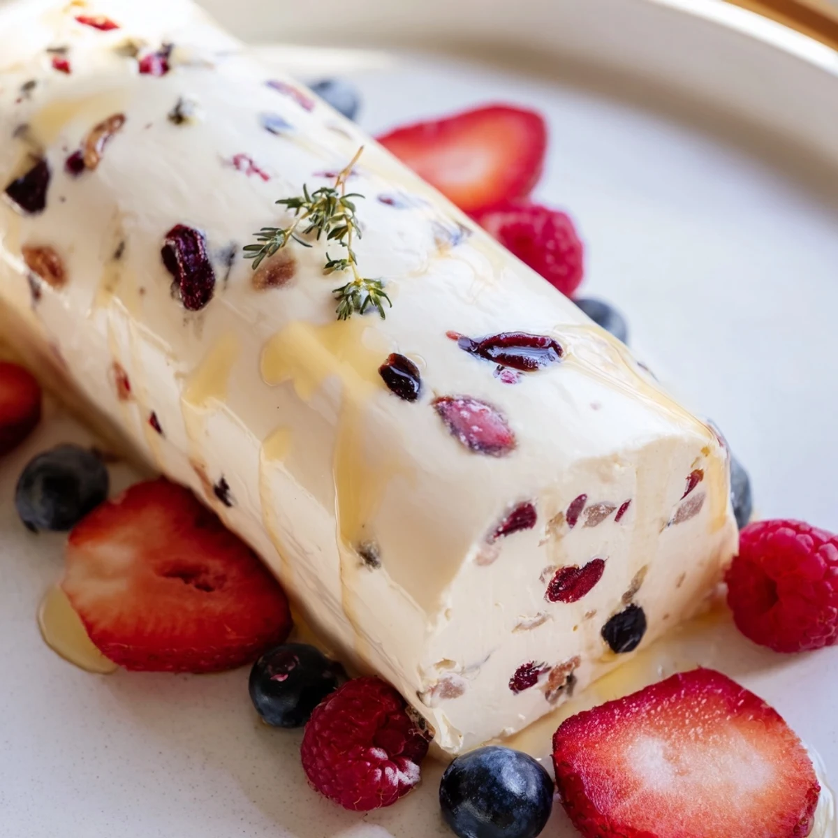 Creamy cranberry & goat cheese log, served with vibrant berries, a delightful holiday appetizer.