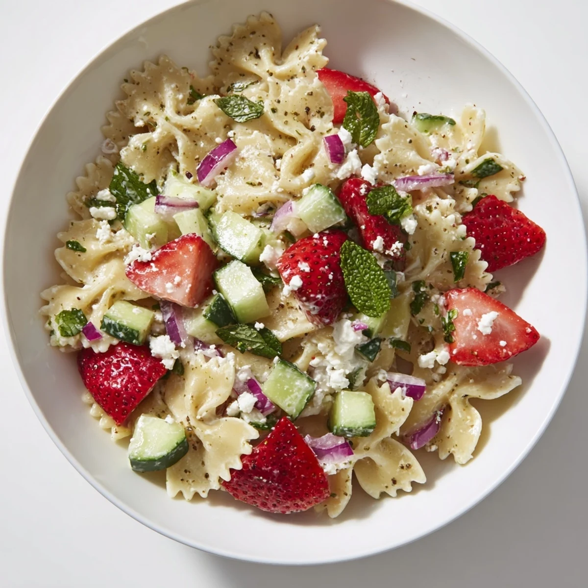A vibrant bowl of Strawberry Feta Pasta, a summer salad with juicy red strawberries.