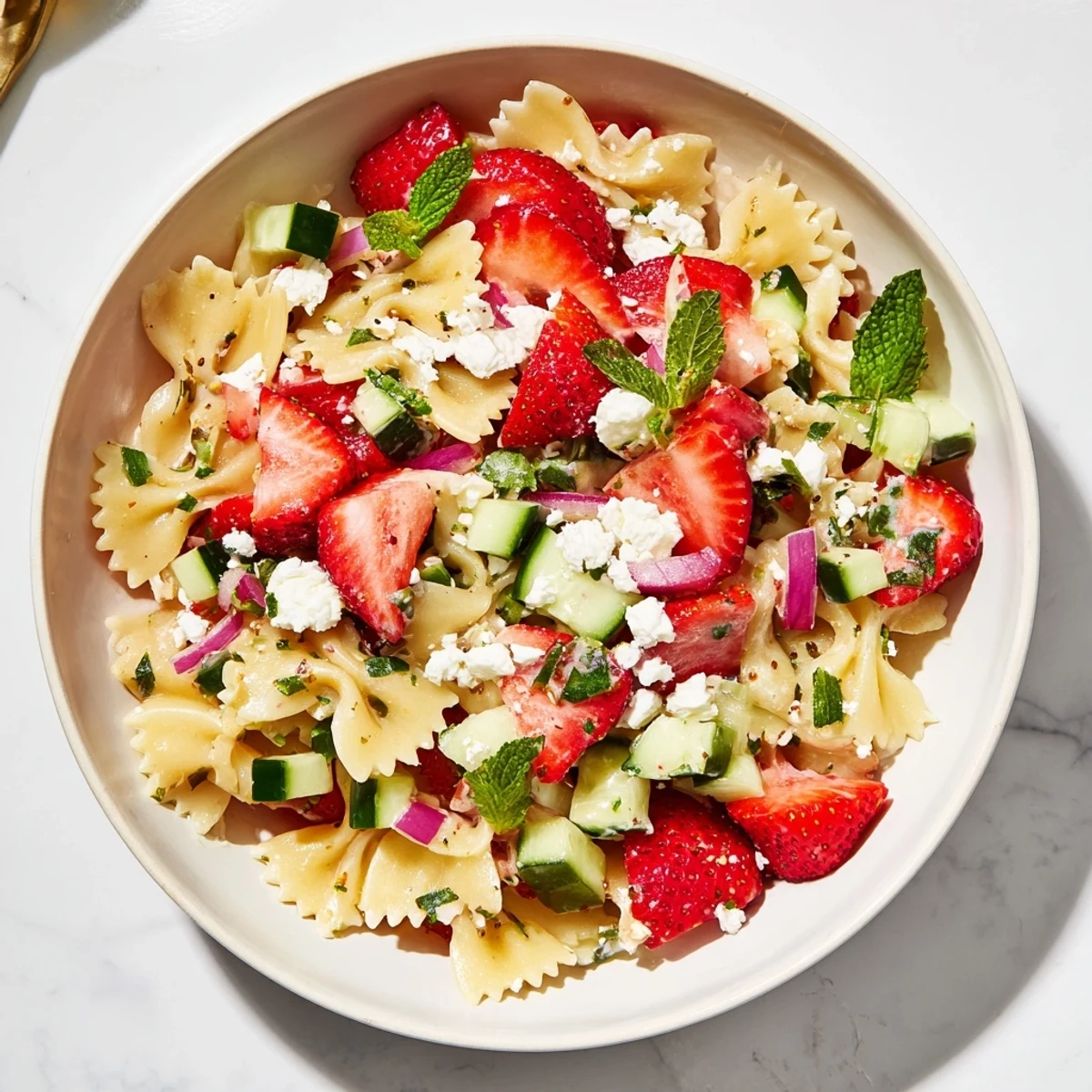 Cool, creamy Strawberry Feta Pasta salad, featuring fresh herbs and crumbled feta cheese ready to eat.