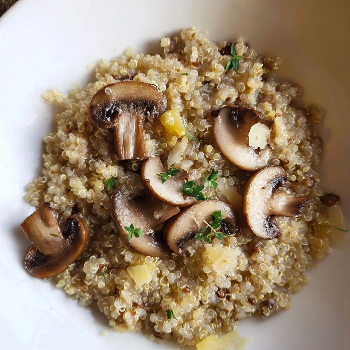 Steaming bowl of Mushroom Quinoa Risotto, a comforting, creamy, and flavorful vegetarian meal.