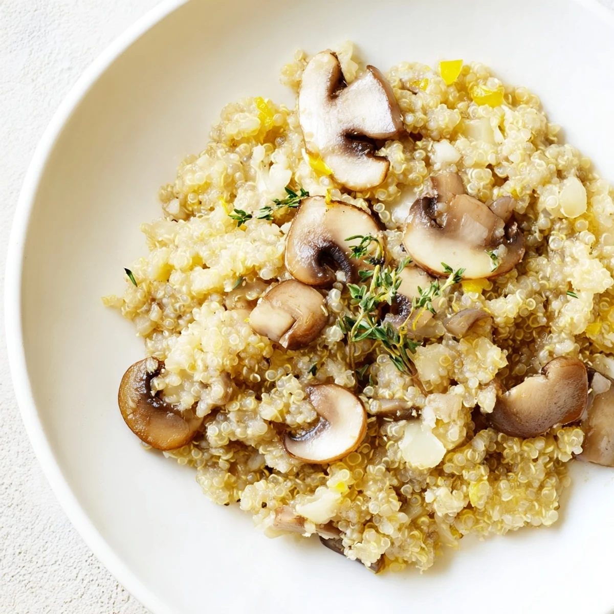 This warm photo displays finished Mushroom Quinoa Risotto, garnished with fresh parsley and Parmesan cheese.