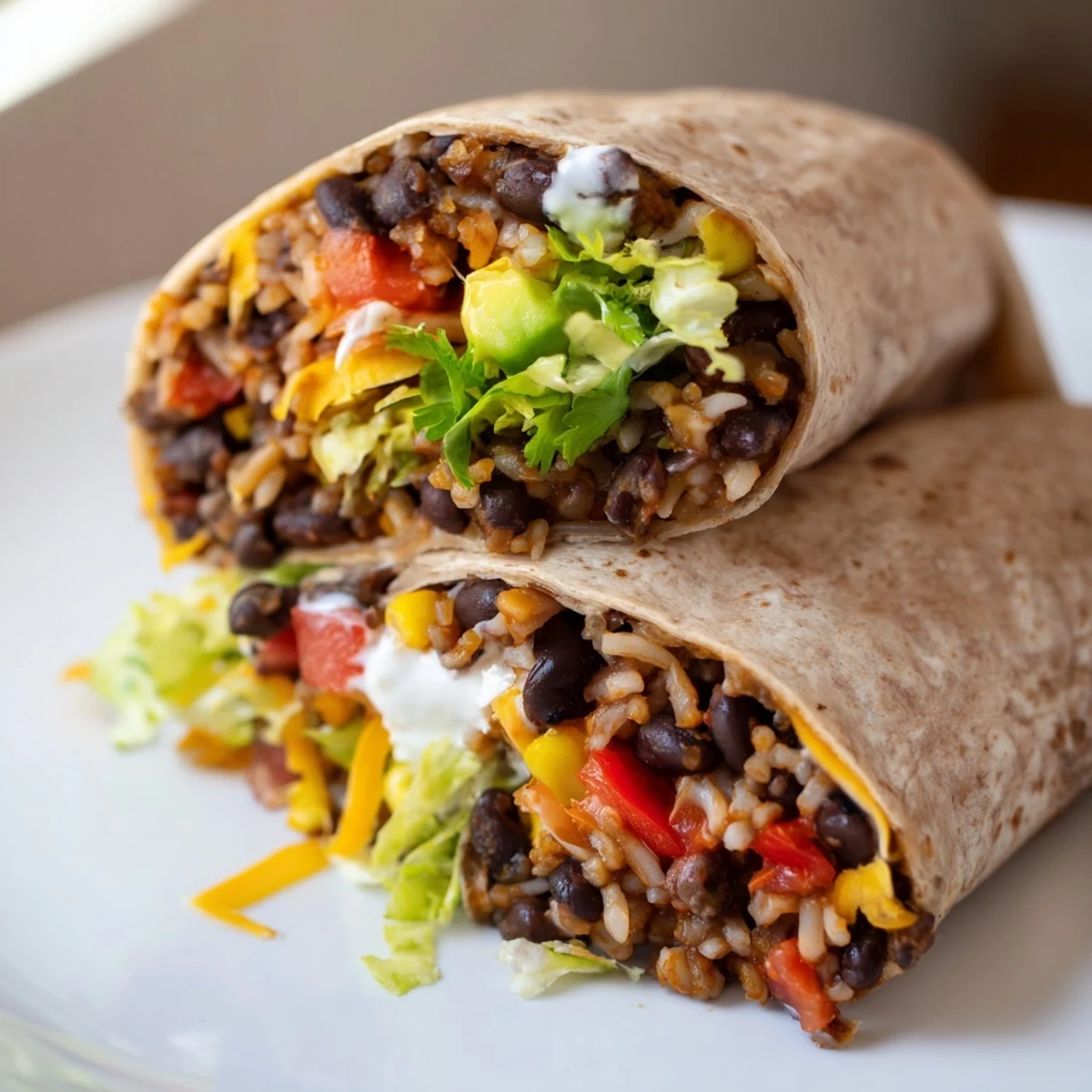 Steaming Smoky Black Bean Burrito, filled with creamy beans, fresh cilantro and ripe avocado slices.