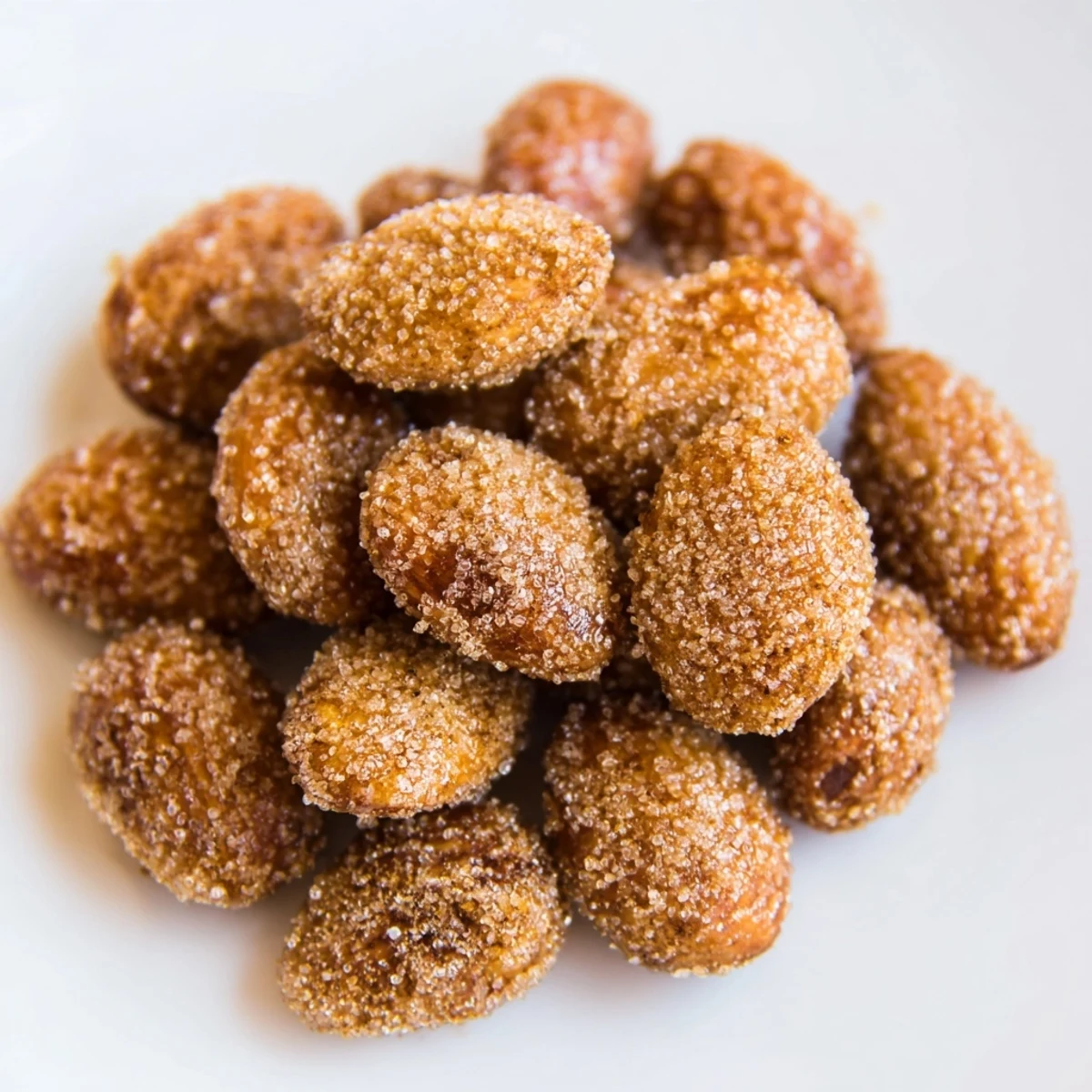 A generous pile of cinnamon roasted almonds, perfect with coffee, offering a warm, sweet, and nutty flavor.