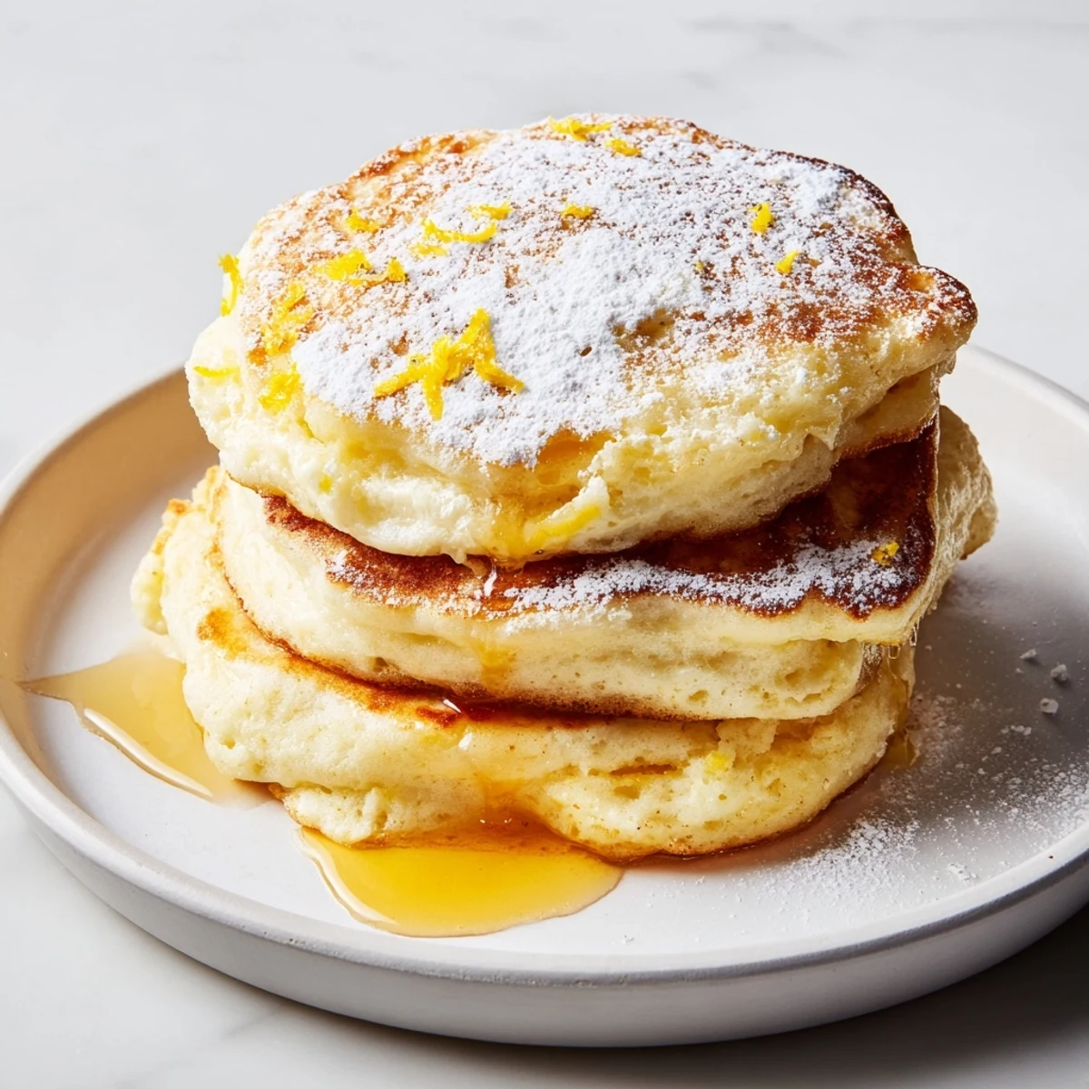 Fluffy Lemon Ricotta Pancakes golden brown, served with maple syrup and fresh berries on a plate.