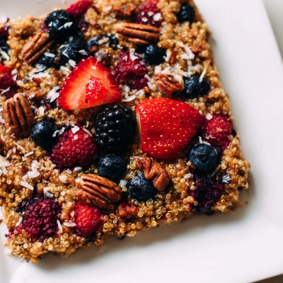 Warm, golden-brown Berry Quinoa Breakfast Bake, topped with fresh berries, inviting you for a healthy start.
