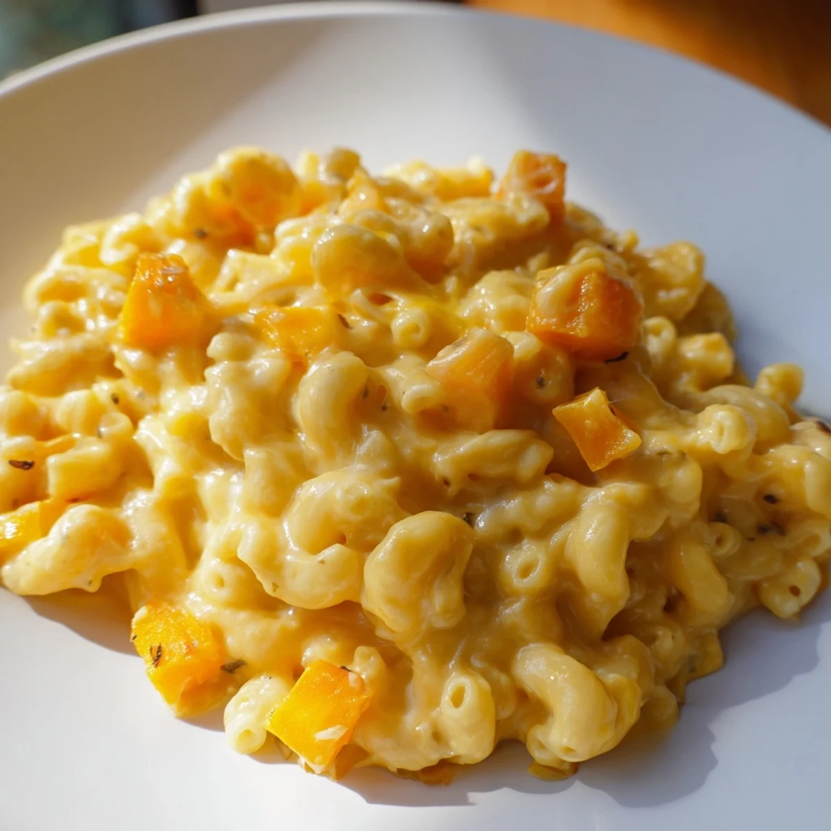 Golden-baked Butternut Squash Mac, a comforting main dish with creamy cheese sauce and pasta.