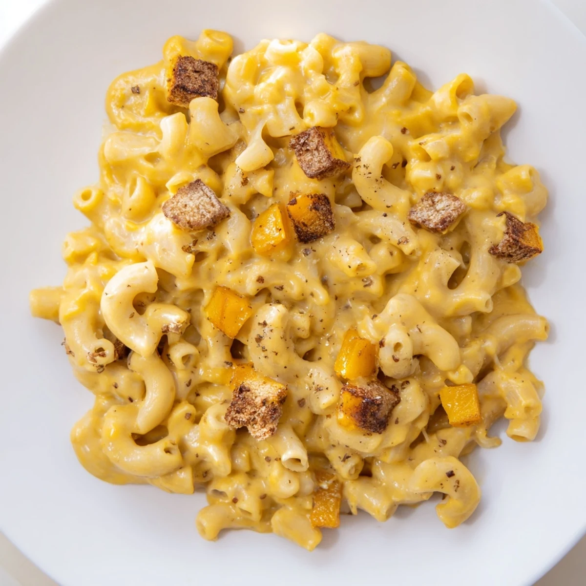 A close-up of cheesy Butternut Squash Mac, a vegetarian delight with roasted squash and a crispy topping.