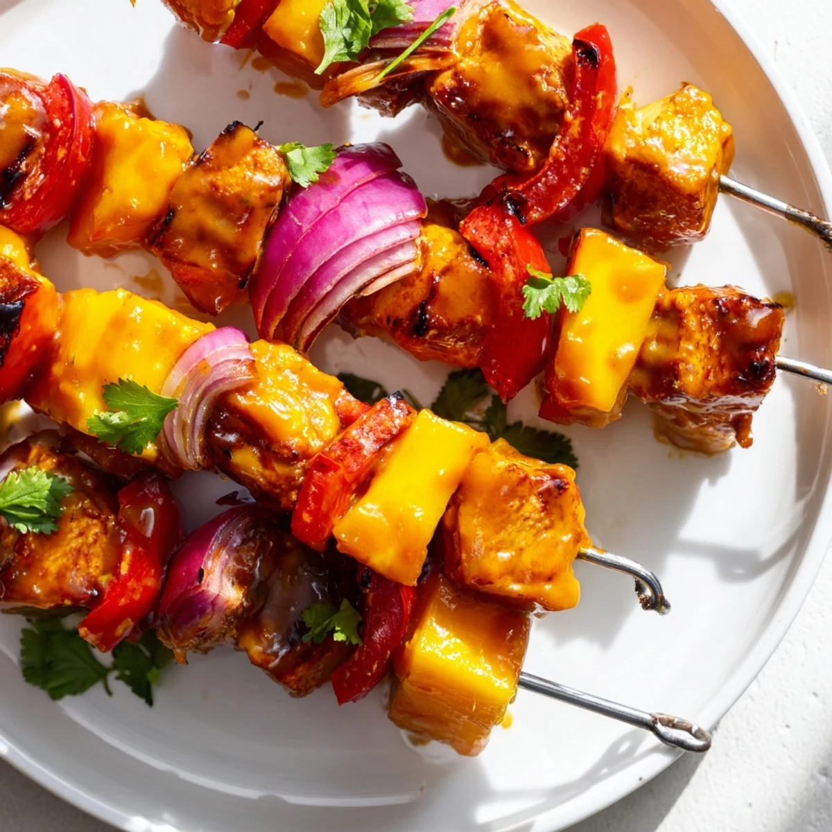 Vibrant skewers of Mango Lime Chicken, with grilled peppers and onions, offering a tropical bite.