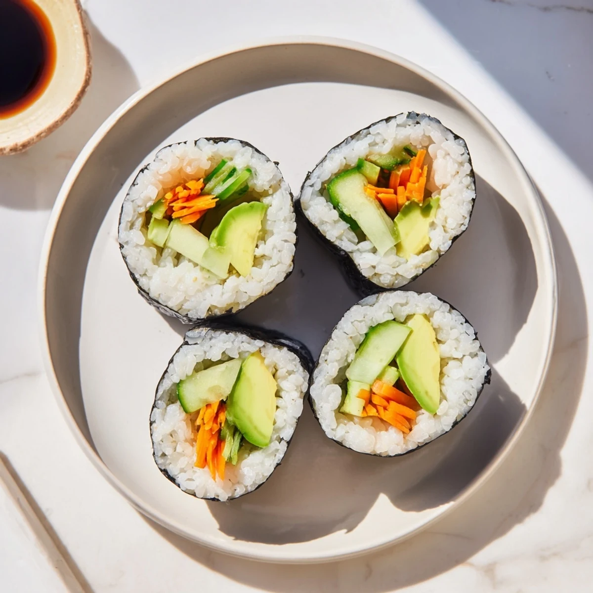 Vibrant avocado cucumber sushi rolls, featuring fresh avocado and crisp vegetables ready to eat.