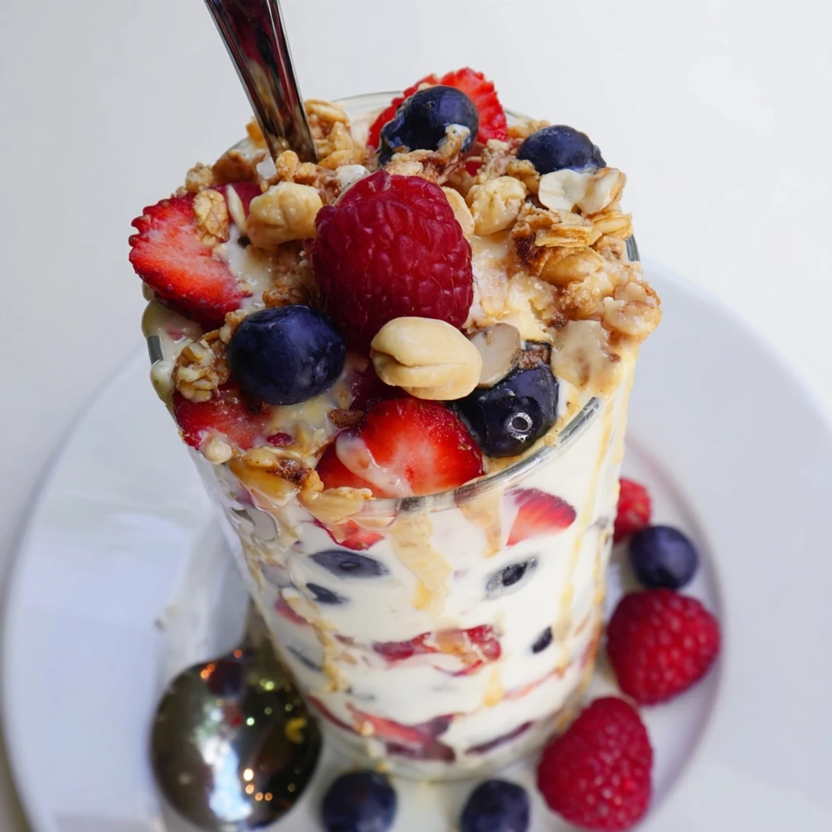 A refreshing Cashew Butter Yogurt Parfait showcasing rich cashew butter and colorful berries, ready to enjoy.