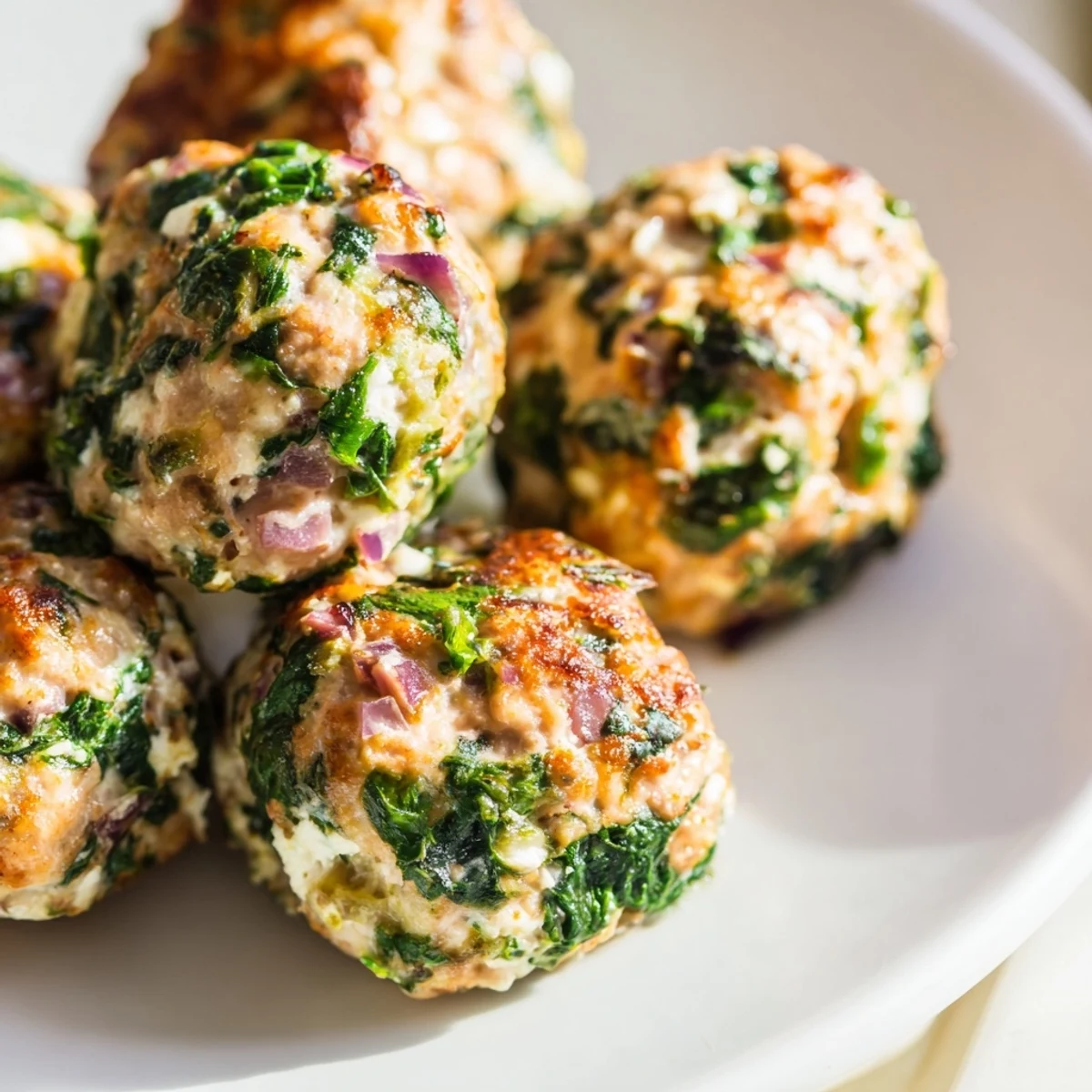 Freshly made Spinach Feta Turkey Meatballs, served on a plate with parsley garnish, ready to eat.