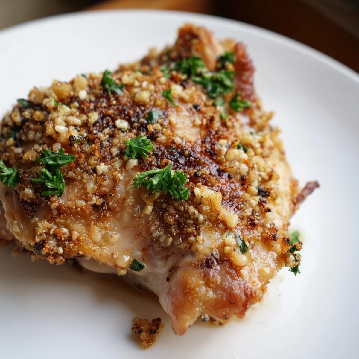 Golden-brown, crispy garlic chicken thighs with flavorful garlic crust, juicy and delicious.