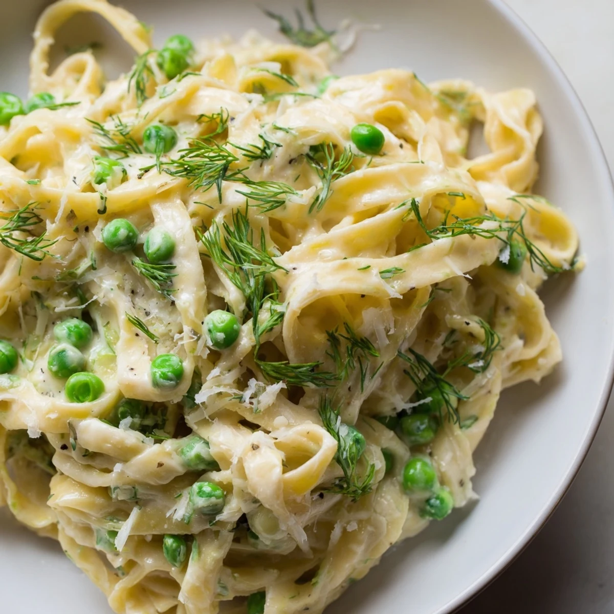 Golden Creamy Dill Pasta with a glossy, creamy sauce, garnished with fresh herbs and cheese.