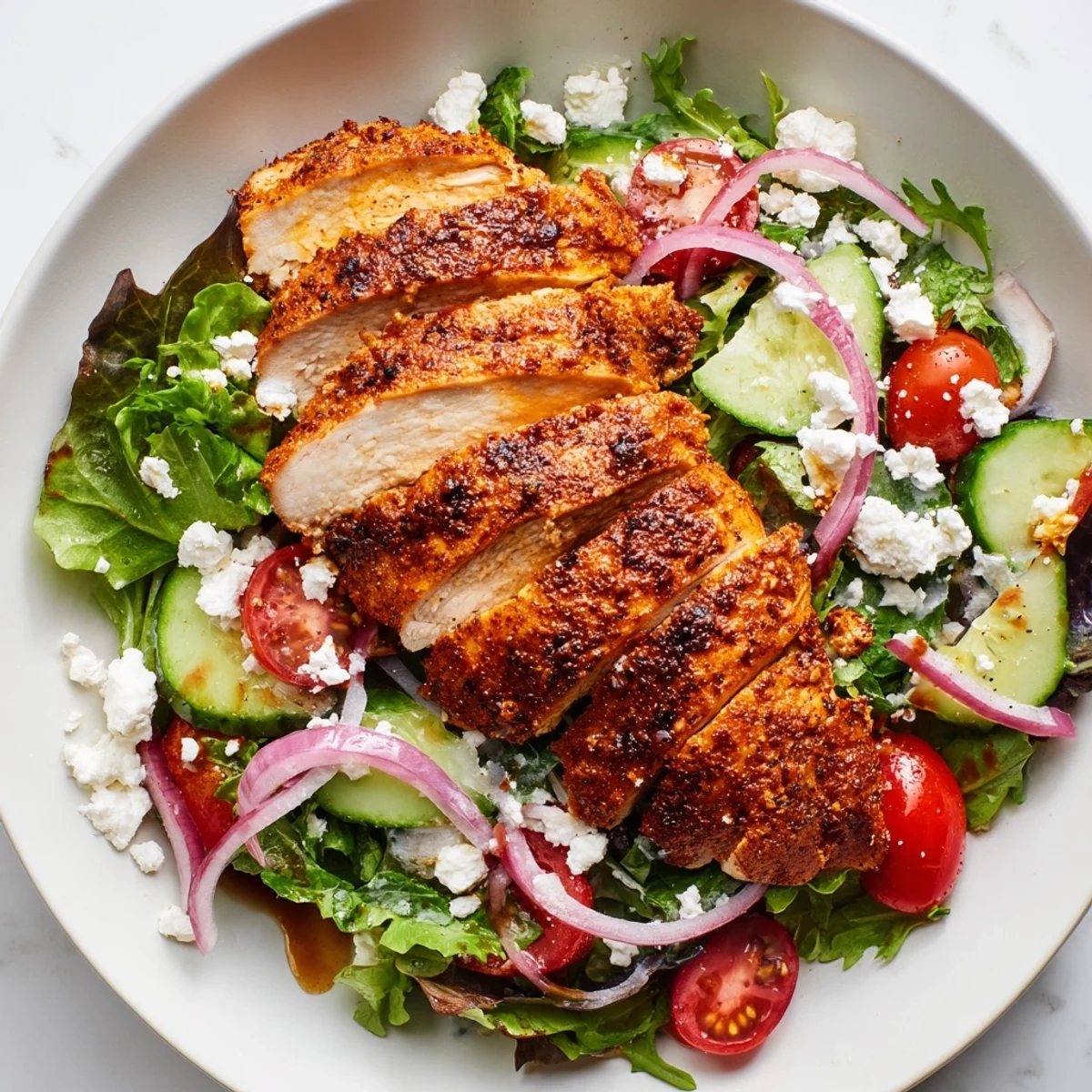 A vibrant Quick Pan-Seared Chicken Salad, featuring warm chicken on a bed of fresh, colorful vegetables.