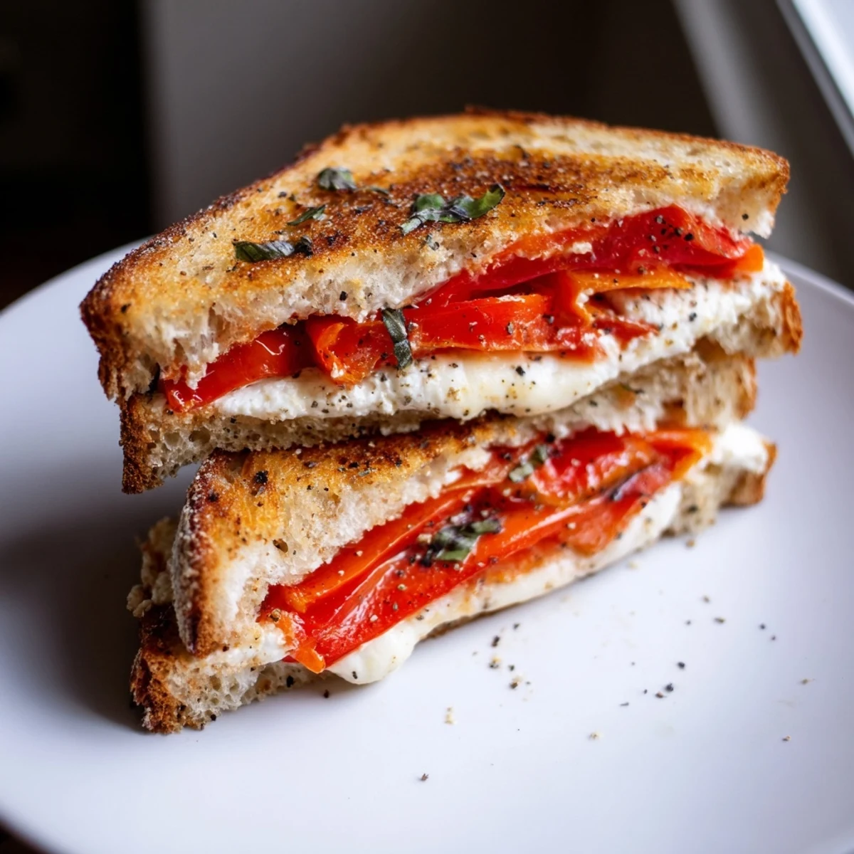 Golden, crispy Roasted Red Pepper Grilled Cheese, with melted cheese and sweet red pepper strips.