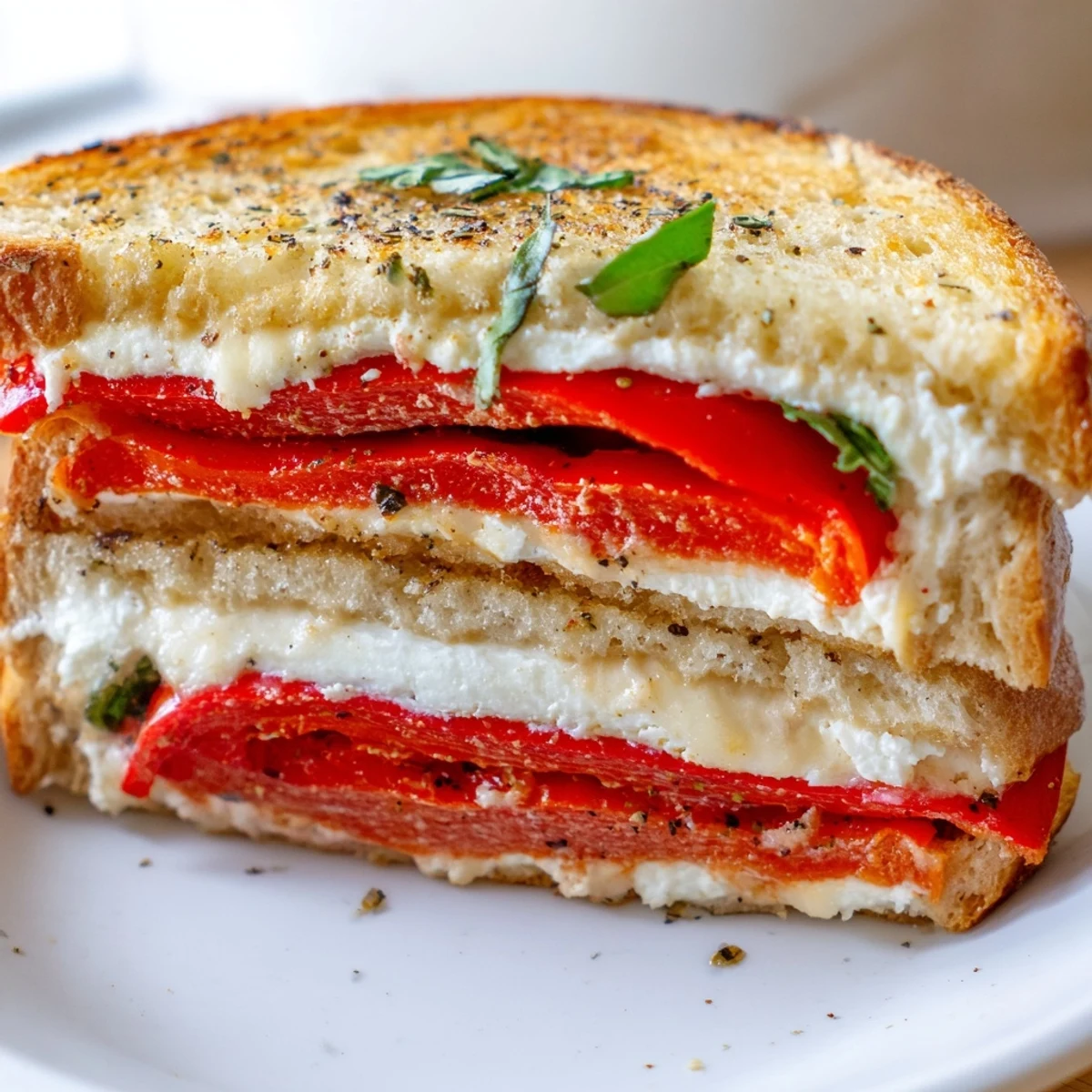 Mouthwatering close-up of a perfectly grilled Roasted Red Pepper Grilled Cheese, ready to eat.