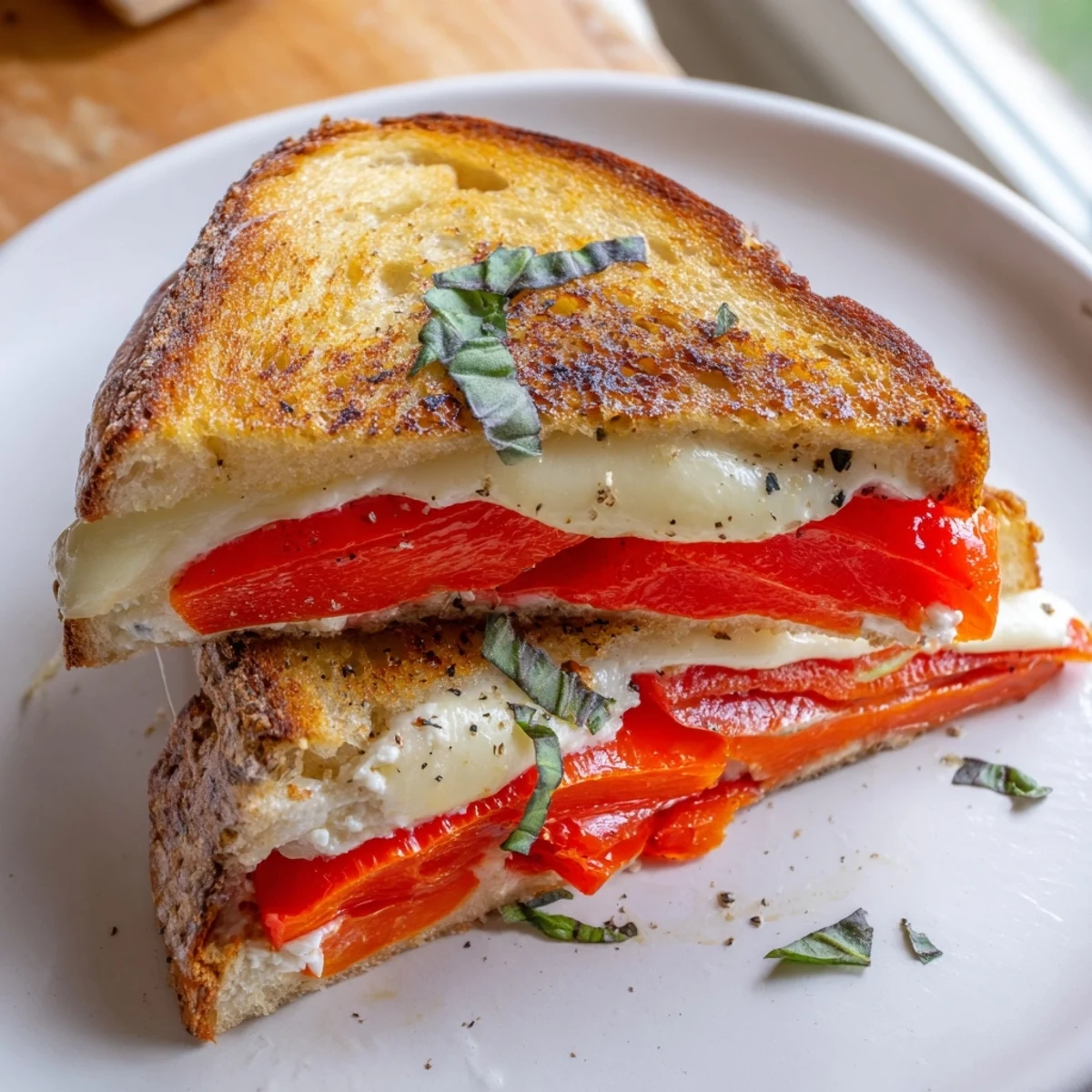 Warm, gooey Roasted Red Pepper Grilled Cheese, melty cheese and peppers between toasted bread.