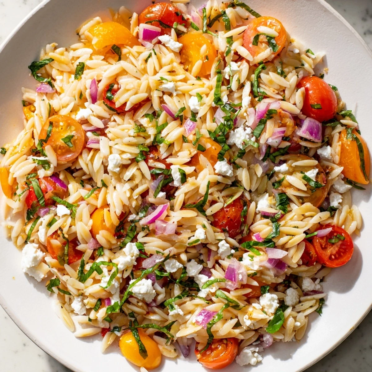 Vibrant photo of Tomato Feta Orzo, a refreshing Mediterranean side dish, ready to serve and enjoy.