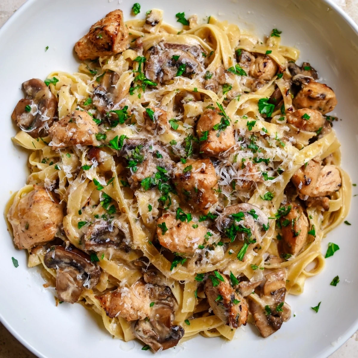 Golden chicken and mushrooms blanketed in creamy sauce over Creamy Mushroom Chicken Pasta.