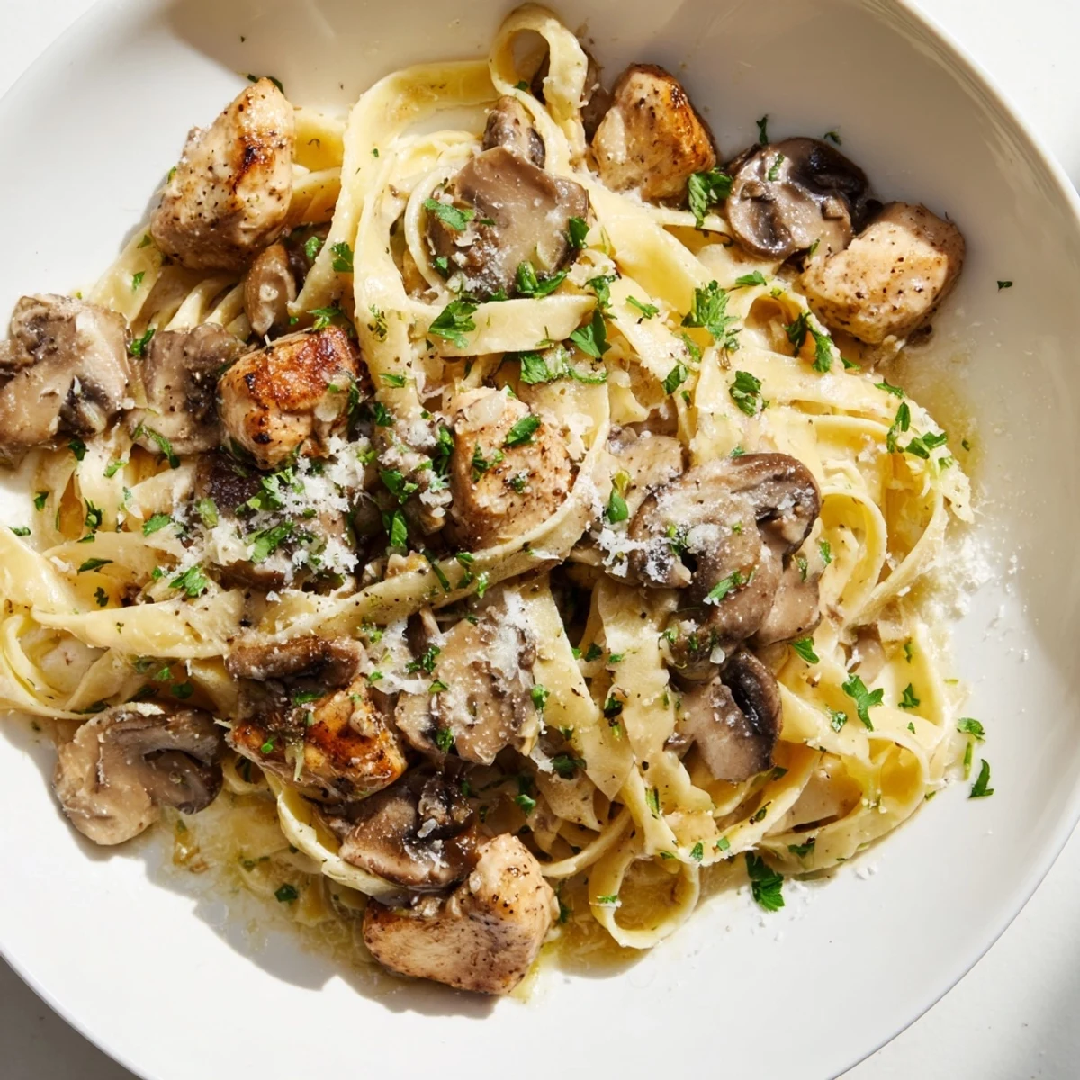 Close-up: A fork twirled with creamy, satisfying Creamy Mushroom Chicken Pasta for dinner.