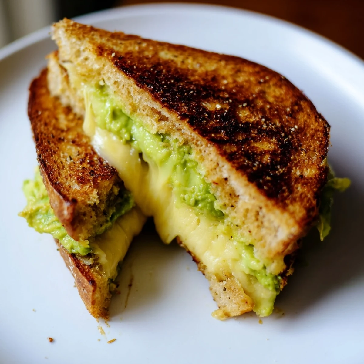 Golden, bubbly cheese oozes from the sides of an Avocado Toast Grilled Cheese, ready to be enjoyed.