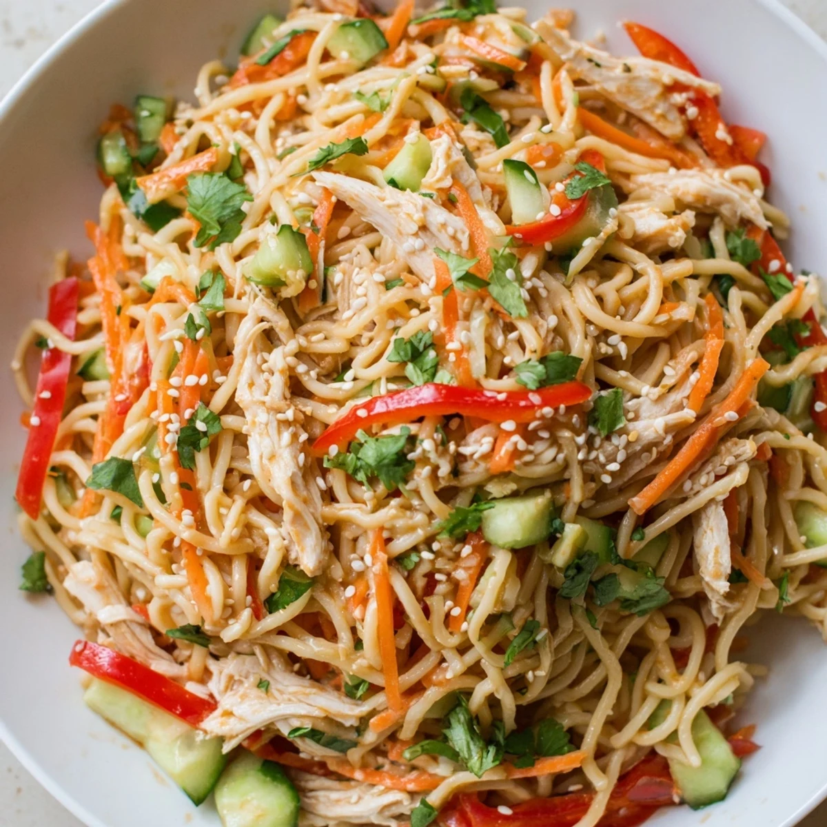 A vibrant bowl of Chilled Chicken Noodle Salad with sesame dressing and fresh cilantro.