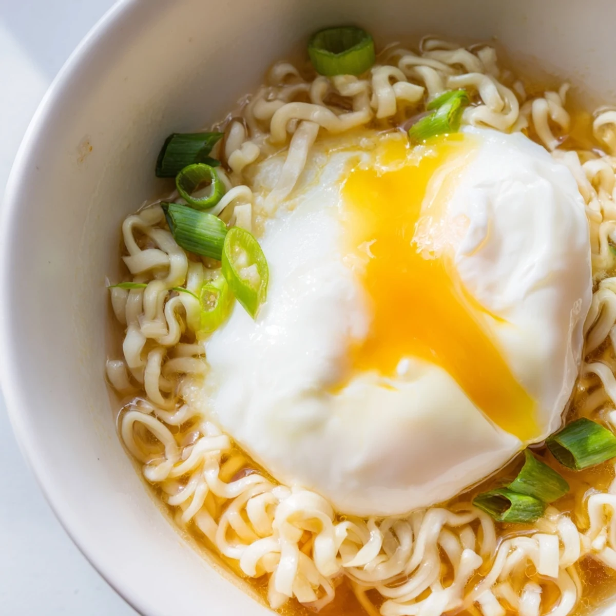 Steaming hot bowl of upgraded instant ramen with a perfectly cooked, soft egg and vibrant green scallions.