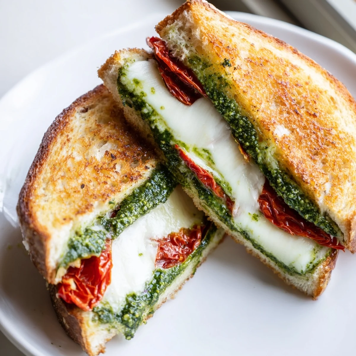 Golden, crispy Pesto Grilled Cheese sandwich, oozing melted mozzarella and savory sun-dried tomatoes.