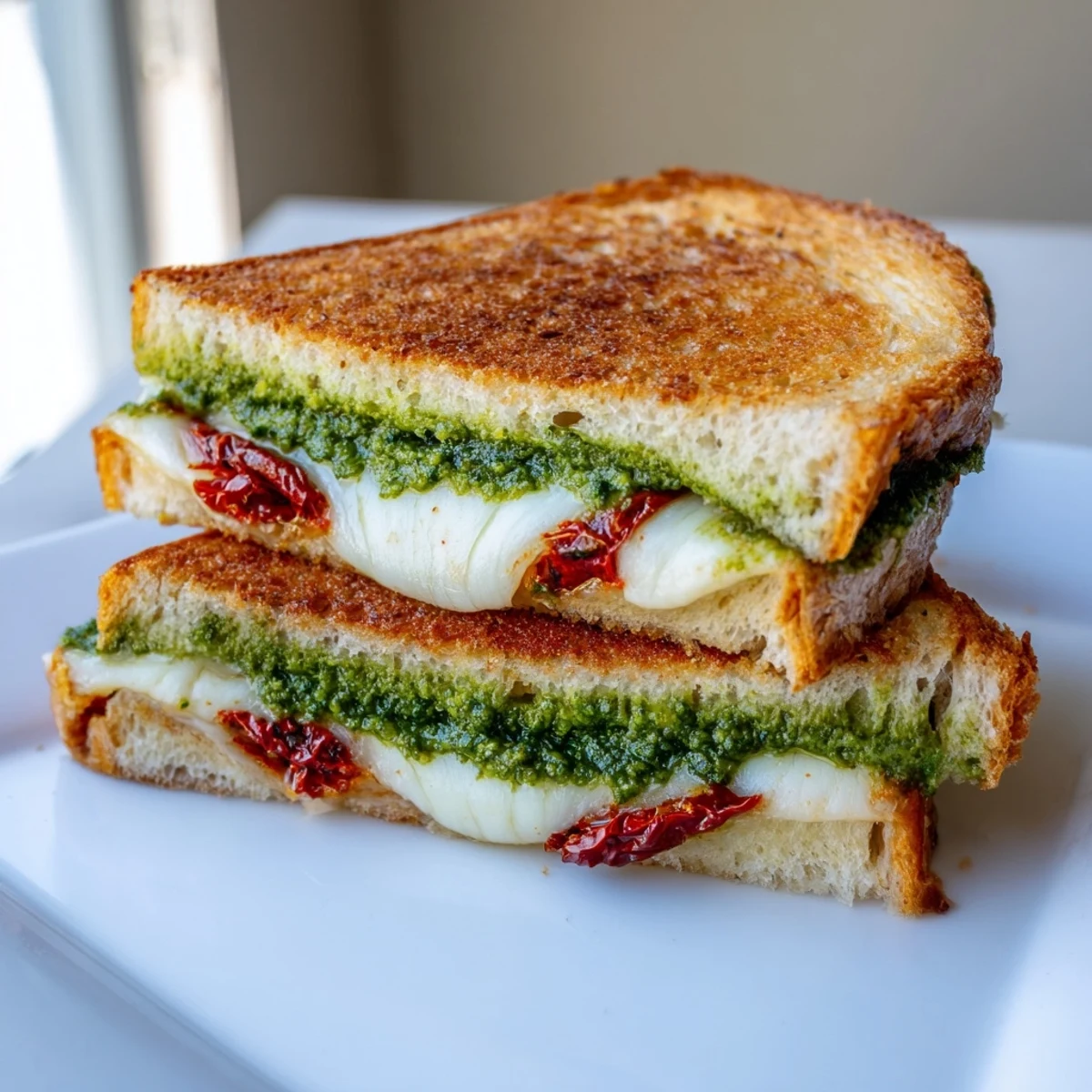 Freshly made Pesto Grilled Cheese, showcasing warm melted cheese and toasted, buttery bread slices.