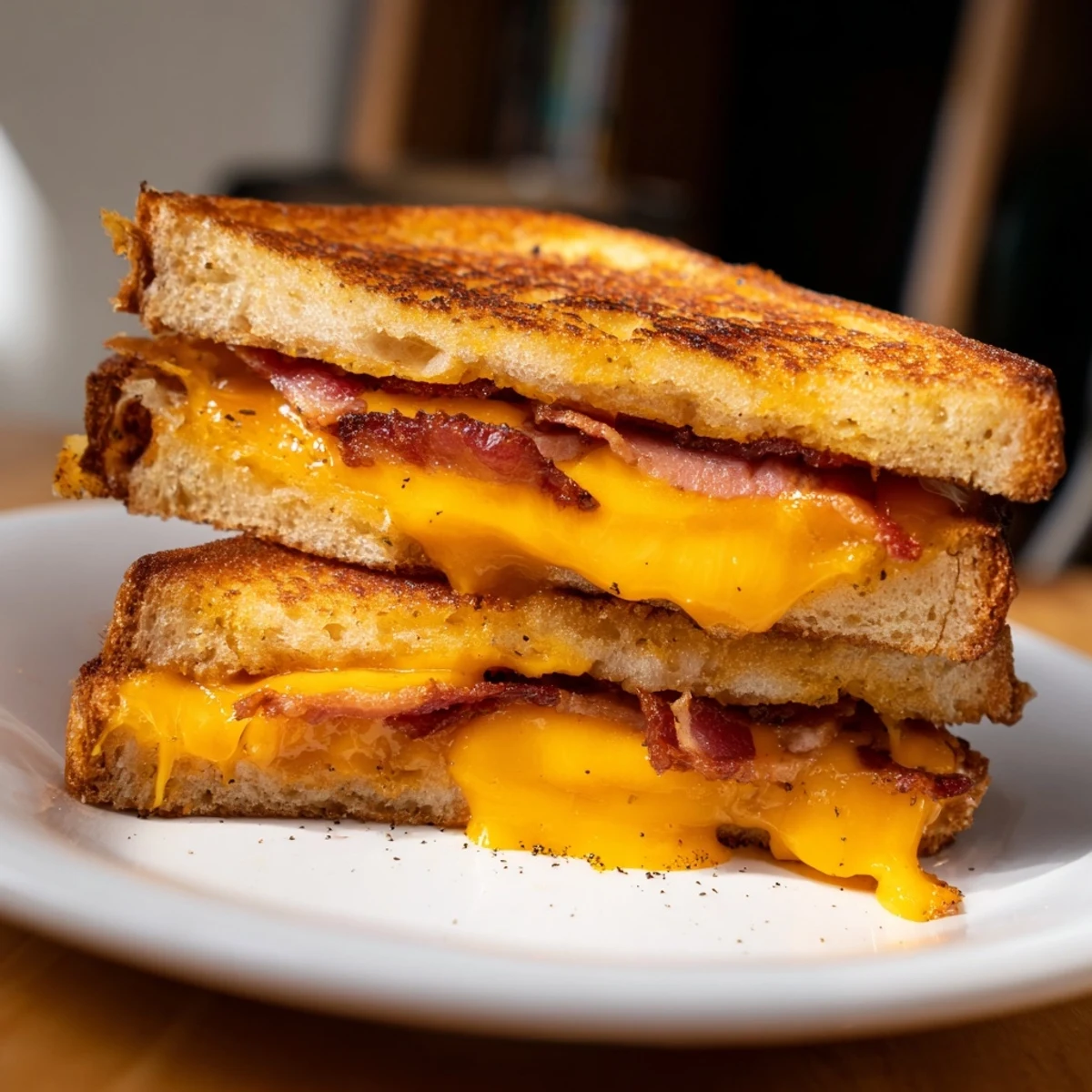 Mouthwatering crispy bacon cheddar grilled cheese sandwich, fresh off the griddle, ready to eat.