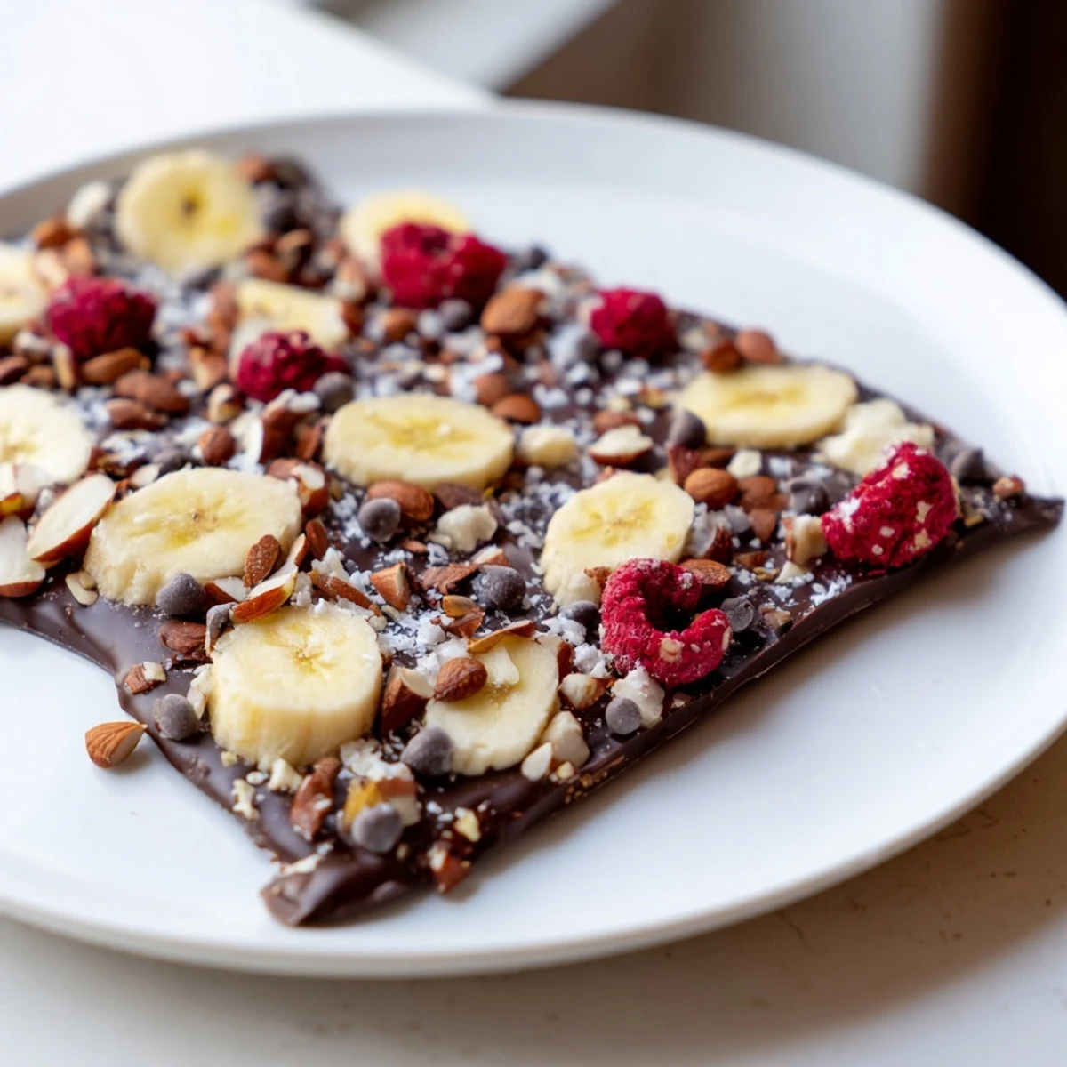 Frozen Chocolate Banana Bark with a decadent chocolate layer and crunchy toppings.