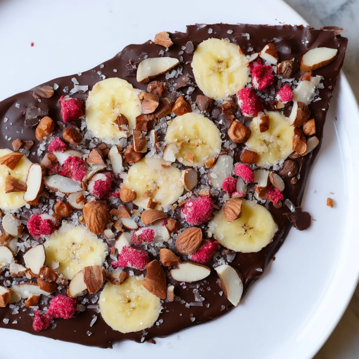 Close-up of frozen Chocolate Banana Bark, featuring dark chocolate and fresh banana slices.