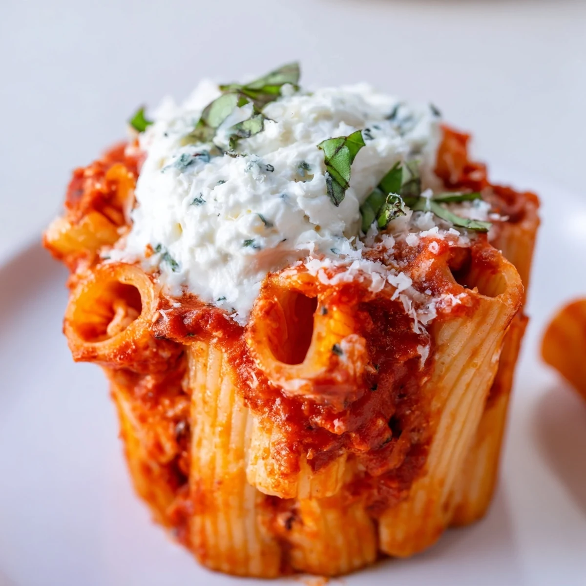 Cheesy Baked Ziti Cups with a crispy exterior and flavorful pasta layers, a delicious Italian-American dish.