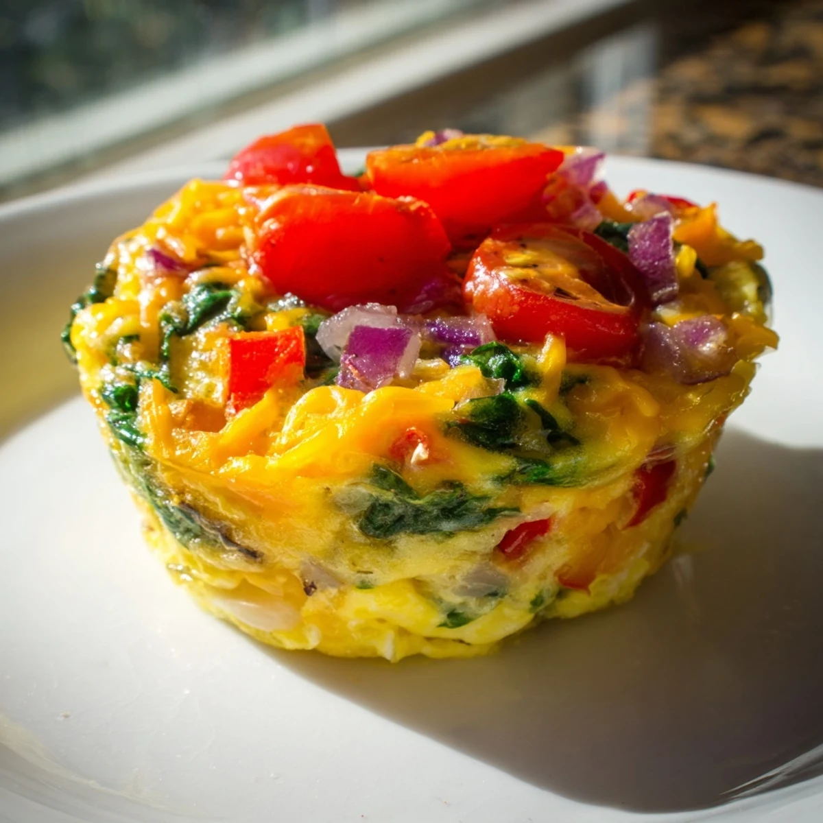 A close-up of veggie egg muffins bursting with colorful vegetables, ready to eat.