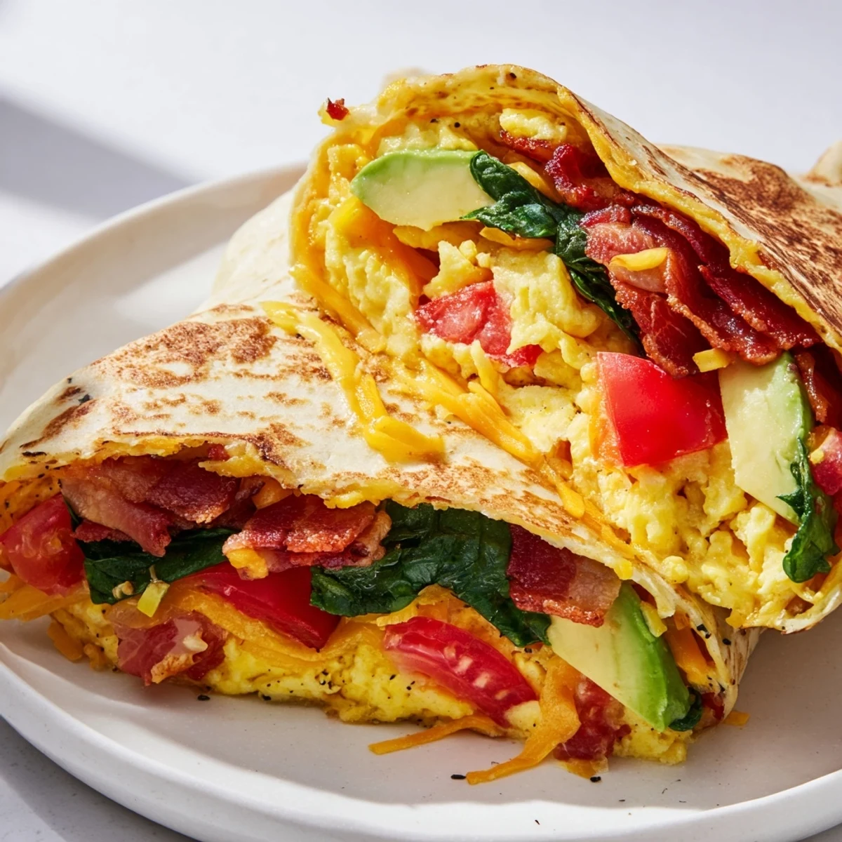 Golden, crispy breakfast wrap with eggs, bacon and cheese ready for a delicious morning.