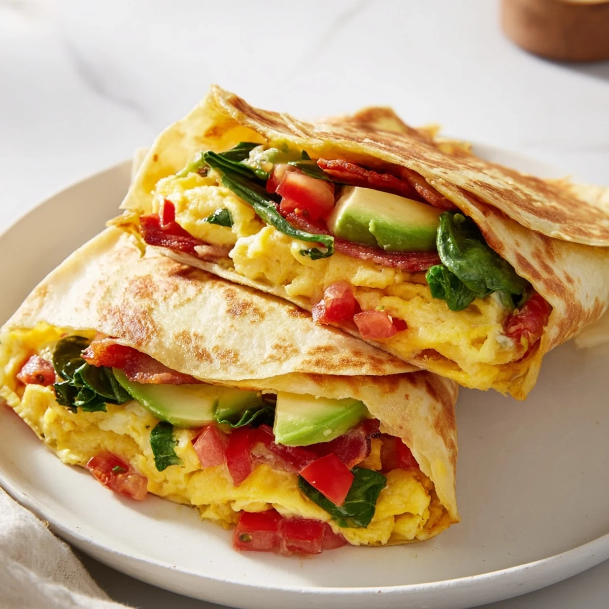 Perfectly folded Crispy Breakfast Wrap with melted cheese and a colorful array of fillings.