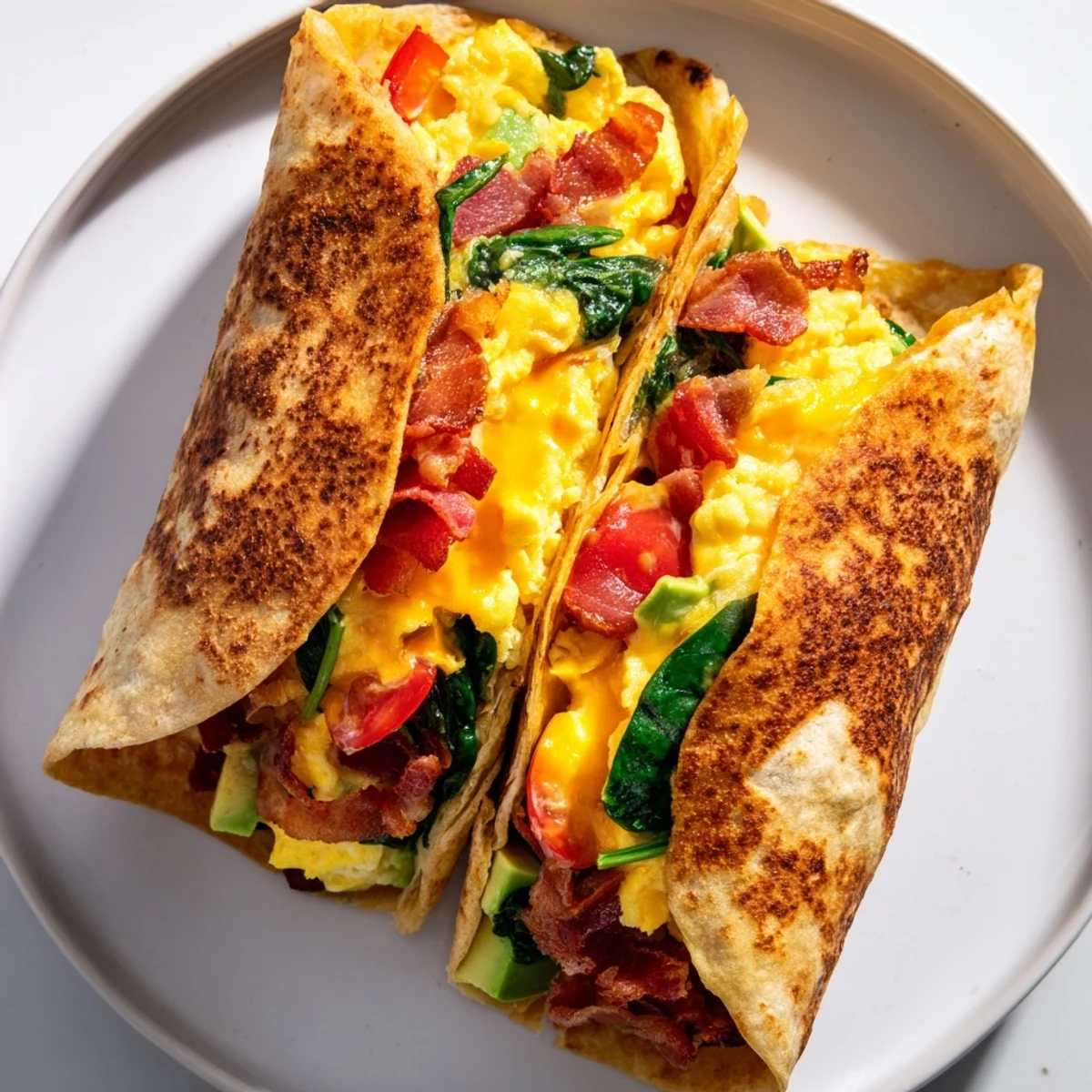 Pan-fried Crispy Breakfast Wrap reveals a savory, handheld meal, brimming with tasty ingredients.