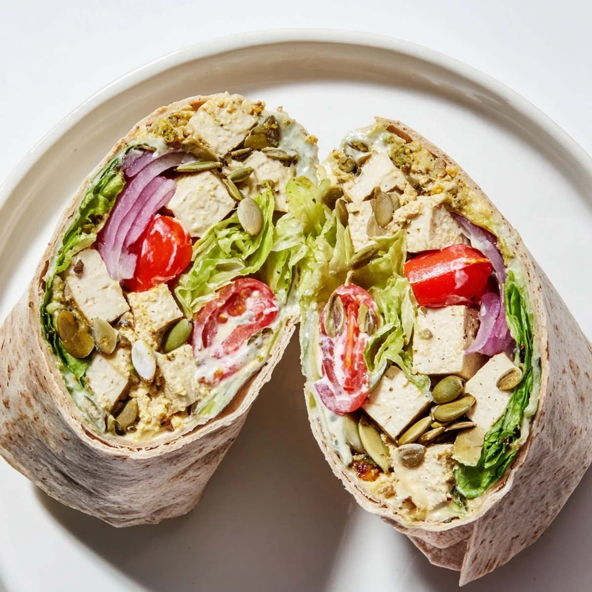 A close-up of a High-Protein Chicken-less Caesar Wrap ready to eat, with vibrant greens.