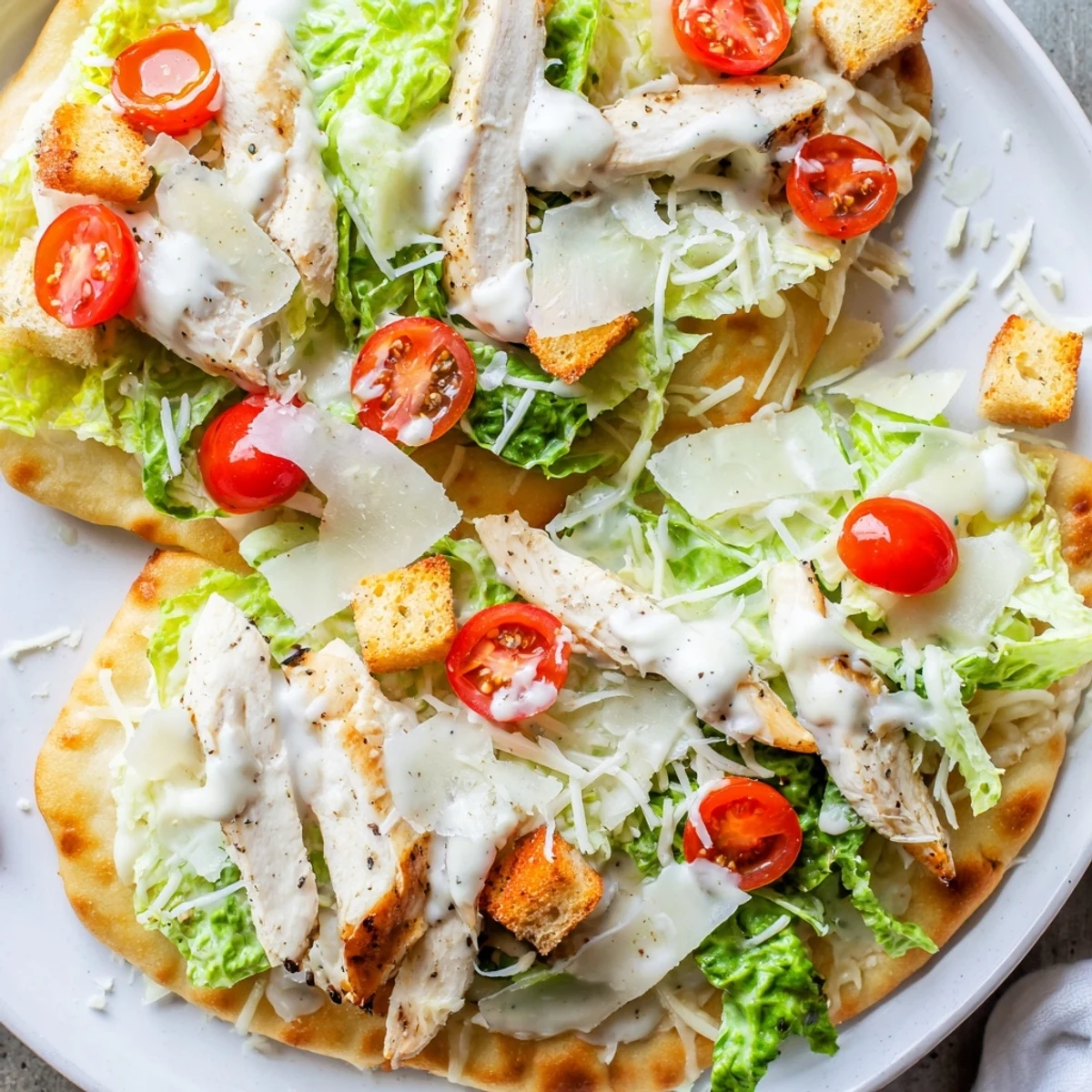 Golden-crusted Chicken Caesar Flatbread topped with grilled chicken, fresh romaine, and creamy Caesar dressing.