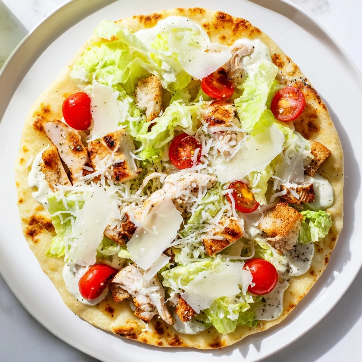 Cheesy Chicken Caesar Flatbread, baked till bubbly, ready to enjoy with a side of chilled Sauvignon Blanc.