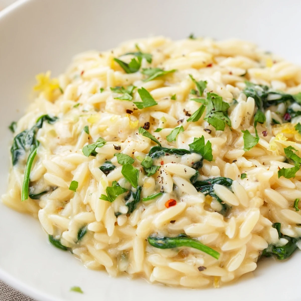 One-Pot Creamy Orzo, a photo of the finished dish with wilted spinach and grated Parmesan.
