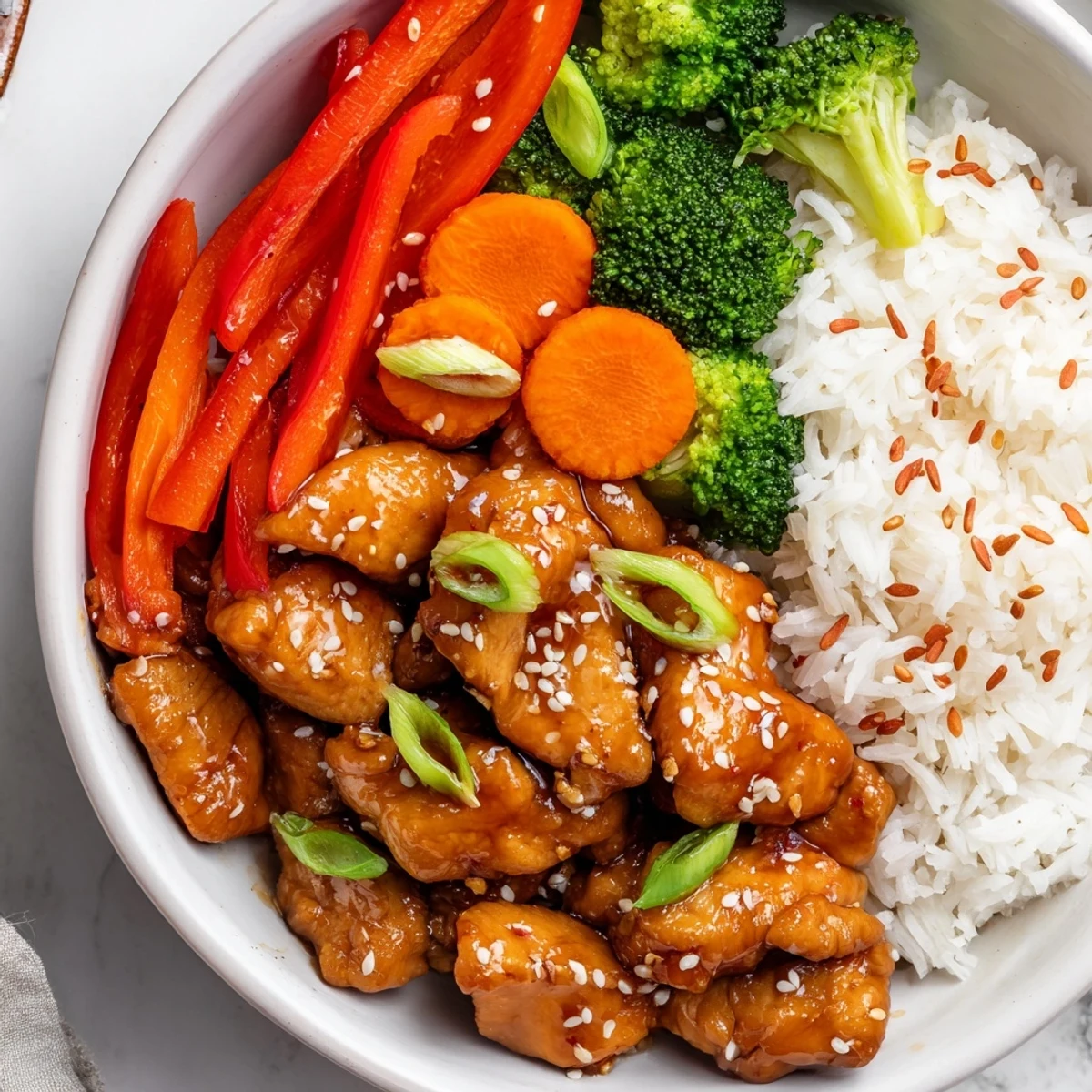Steaming vegetables alongside sweet and savory teriyaki chicken, perfect for a balanced meal.
