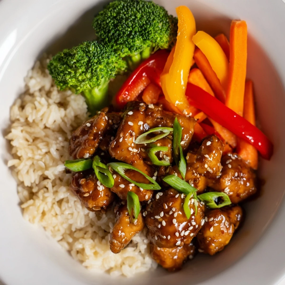 A close-up of glossy teriyaki chicken rice, with sesame seeds scattered over the dish's topping.