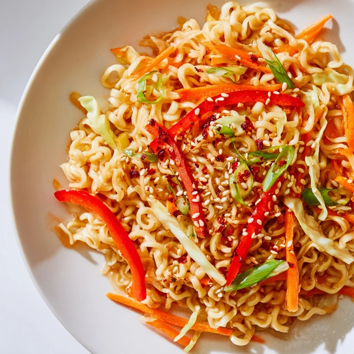 Steaming bowl of Spicy Ramen Stir Fry with colorful veggies and a rich, glossy sauce.