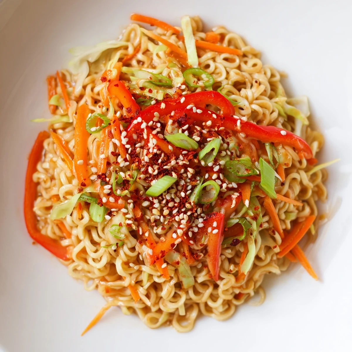 Vibrant Spicy Ramen Stir Fry topped with sesame seeds, inviting you to enjoy the savory flavors.