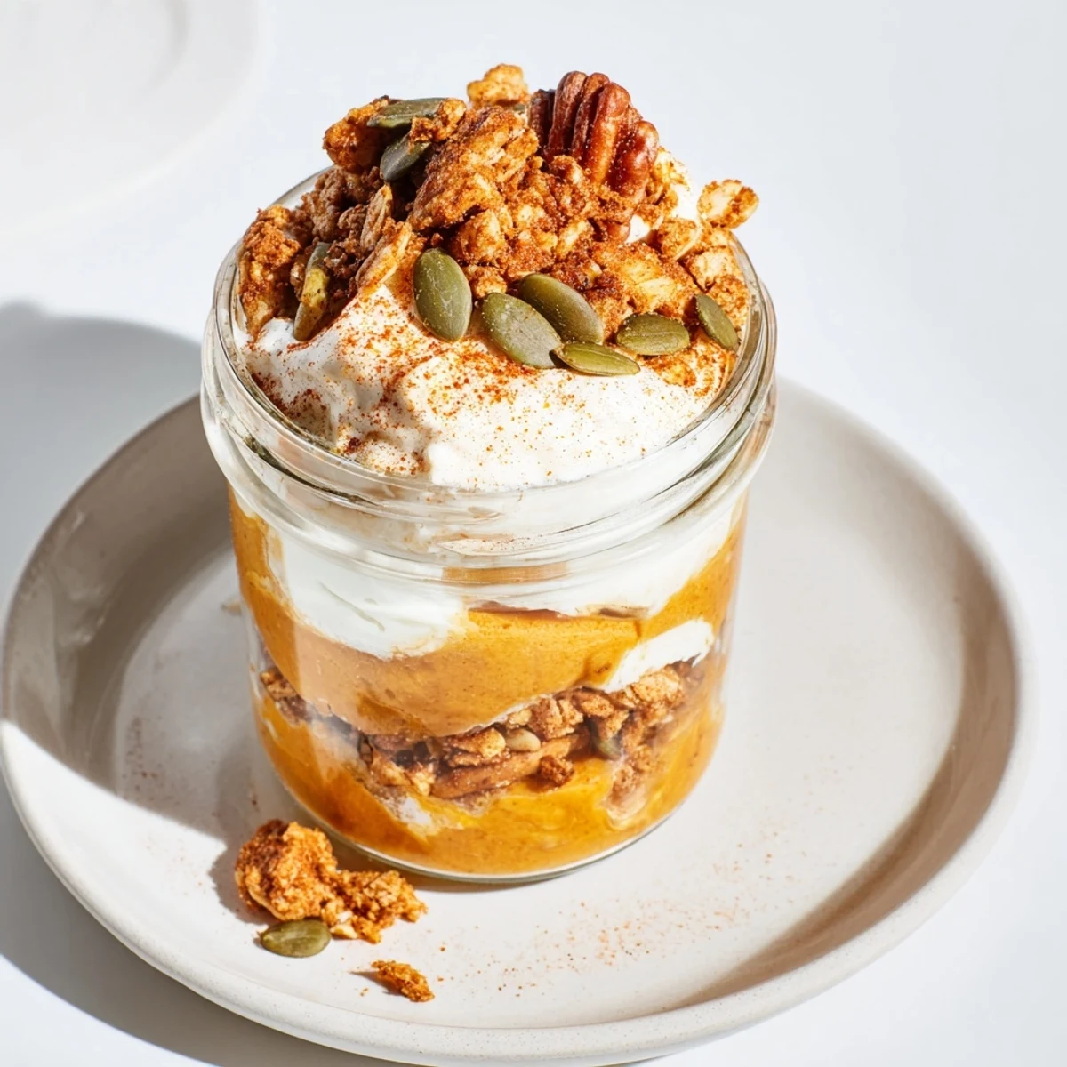 Delicious pumpkin yogurt parfait layers: creamy pumpkin, Greek yogurt, and crunchy granola perfect for fall.