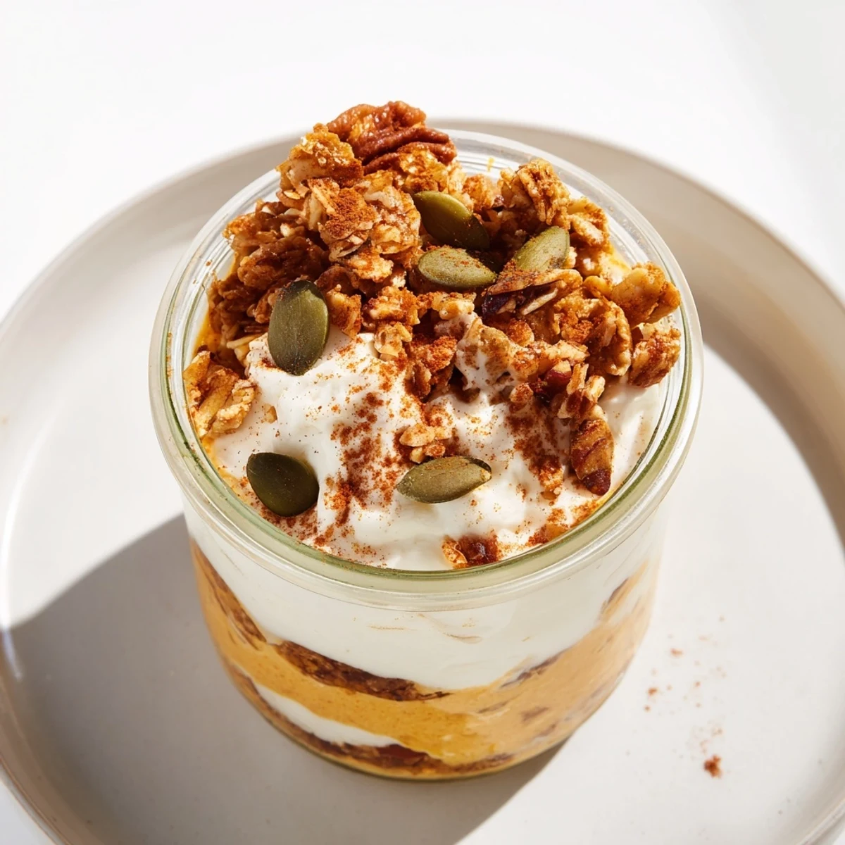   Layered pumpkin yogurt parfait: spiced pumpkin with sweet yogurt and a delightful granola crunch, served fresh.