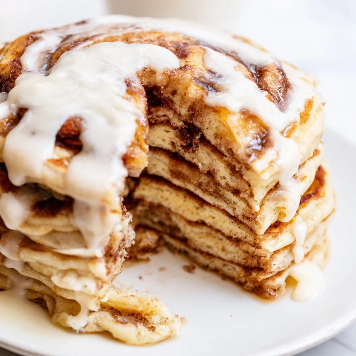 Fluffy Cinnamon Roll Pancakes drizzled with sweet cream cheese glaze, a decadent brunch delight.