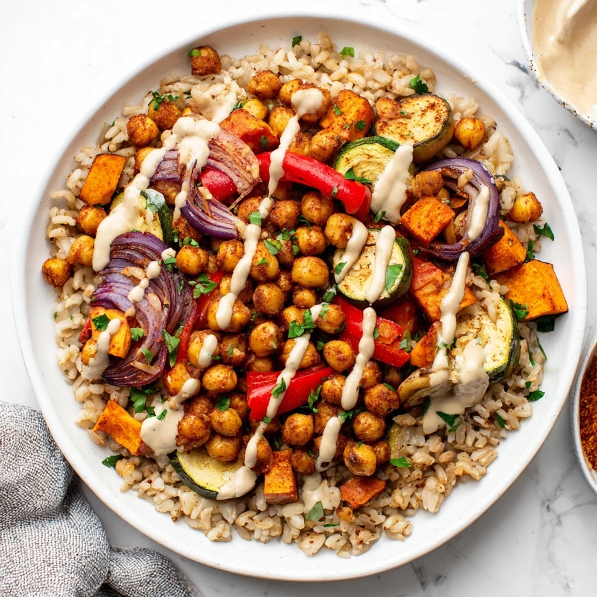 Crispy roasted chickpeas and colorful vegetables make up this delicious Roasted Chickpea Buddha Bowl.