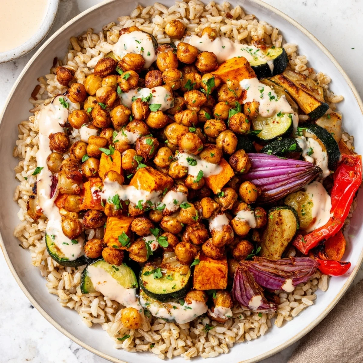 The finished Roasted Chickpea Buddha Bowl shows fluffy rice topped with flavorful roasted chickpeas and vibrant veggies.